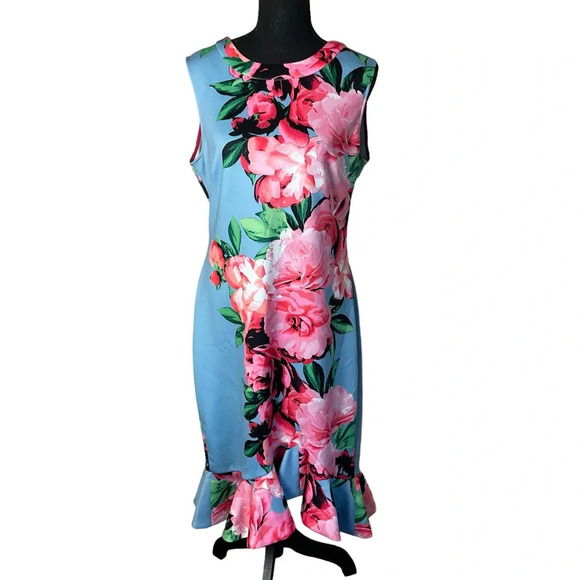 VINCE CAMUTO Pink and blue floral ruffle midi dress Size 14 - Picture 3 of 12